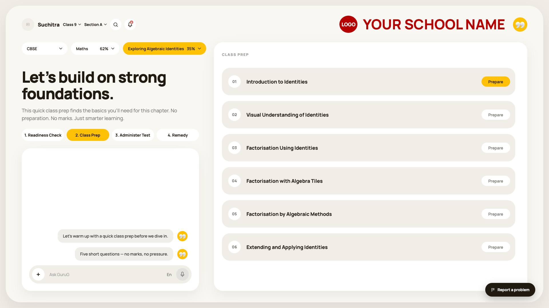 GuruG learning platform branded with a school's own name and logo