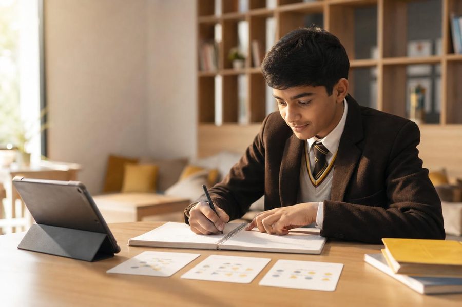 Student learning independently with a tablet