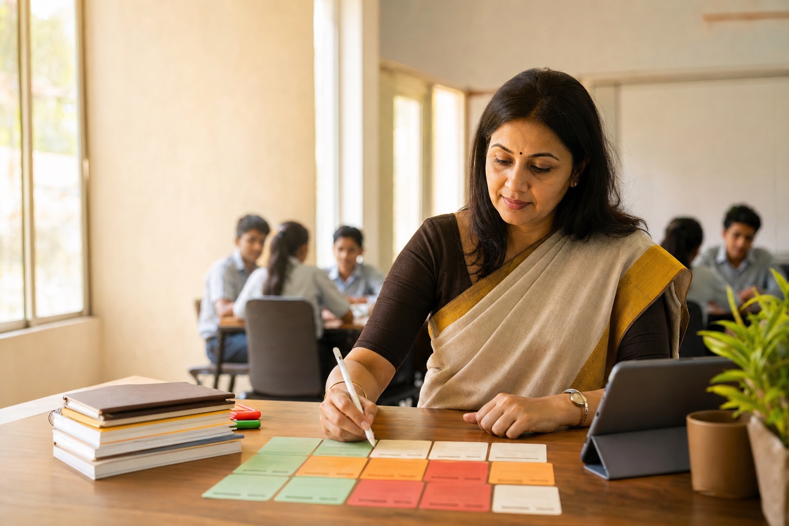 Teacher reviewing colour-coded student readiness groups before class
