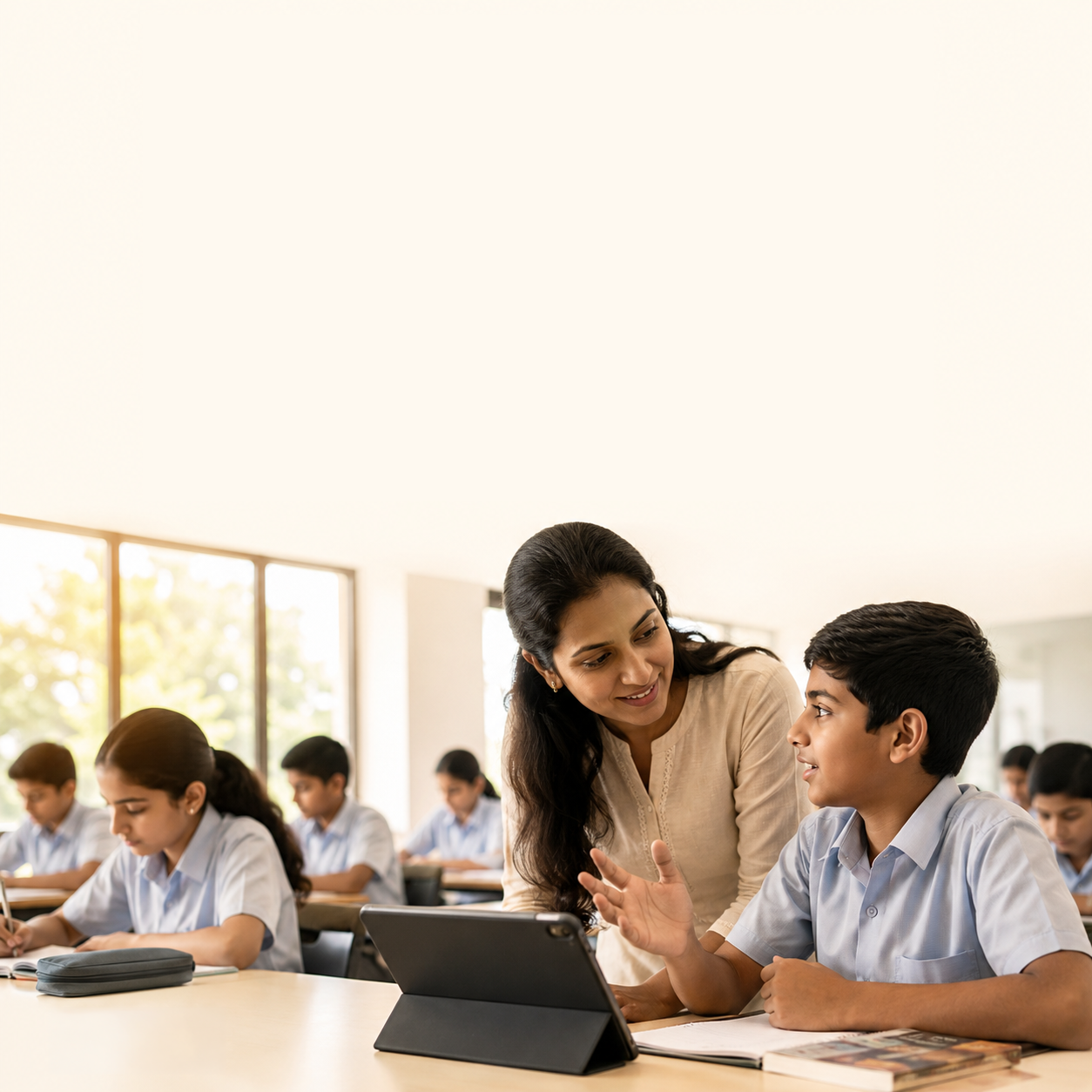 Teacher helping a student understand a concept on a tablet